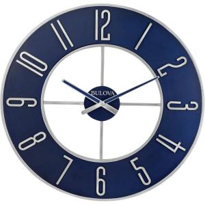 Bulova Blue Steel Oversize Wall Clock |Model C4809, 27″ Diameter | Sleek Silver and Blue Finish | Contemporary Design | Battery Operated
