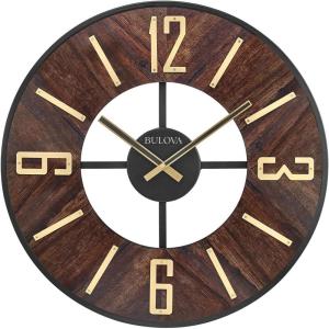 Bulova Boardroom Wall Clock C3394 | 27″ Walnut Veneer Frame with Brass Accents | Quartz Movement | Battery Operated | Mid-Century Modern Gallery Design