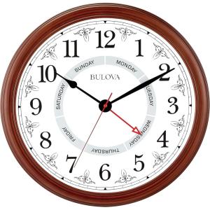 Bulova Daily Wall Clock, Model C4804 | Brown Cherry Finish | Modern Design | Large Easy-to-Read Numerals | Quartz Movement | Battery Operated