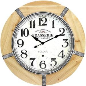 Bulova Le Brasserie Wall Clock C3396 | 27″ Solid Hardwood Frame with Aged Parchment-Style Dial | Quartz Movement | Battery Operated | Vintage-Inspired Oversized Design