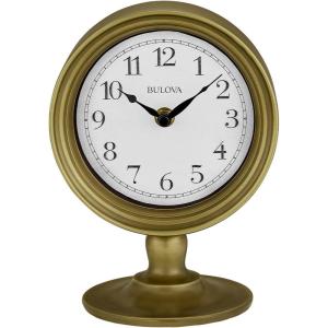 Bulova Monitor Table Clock B8904 | 8.2″ Matte Bronze Metal Case with Parchment-Style Dial | Quartz Movement | Battery Operated | Classic Desktop Accent Design