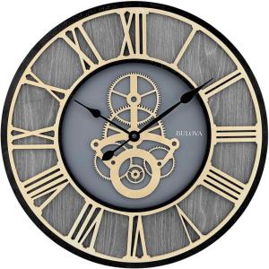 Bulova Timepiece Gear Wall Clock C4347 | 20″ Ash Veneer Frame with Gold Roman Numerals | Quartz Movement | Battery Operated | Industrial-Inspired Design