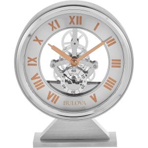 Bulova Torrance Brushed Aluminum Clock B1721 | Exposed Skeleton Design | Quartz Movement | Glass Panel Design | 5.25 x 6.5 Inch