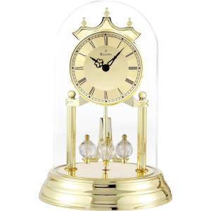 Bulova Tristan I Desk and Table Clock | Model B8818 | Polished Brass Finish | Polished Metal Base | Floating Dial | Roman Numerals | Elegant Pendulum Design