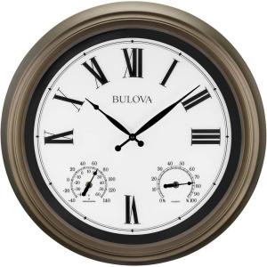 Bulova Vineyard Illuminated Wall Clock C4886 | 22″ Matte Bronze Metal Frame with Backlit Dial | Built-in Thermometer & Hygrometer | Battery Operated | Weatherproof Outdoor Décor