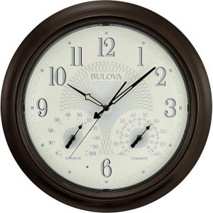 Bulova Weather Master Wall Clock C4813 | 18″ Burnished Bronze Metal Frame with LED Illumination | Thermometer & Hygrometer | Silent Sweep Quartz Movement | Weatherproof Outdoor Décor
