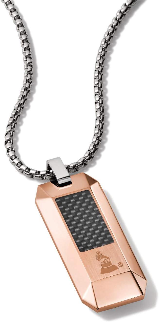imageBulova Mens Latin Grammy Round Box Link Chain Necklace with Rose Gold Dog Tag Black Carbon Fiber Inlay Pendant Style J98N006