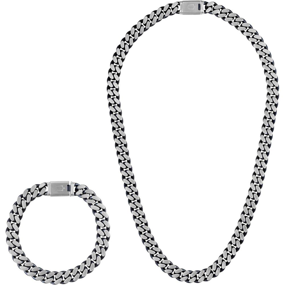 imageBulova Mens Jewelry Classic Dual Surface Blue IP and Brushed Stainless Steel Curb Chain Neclace and Bracelet Set Style BVS1000SLSTNA