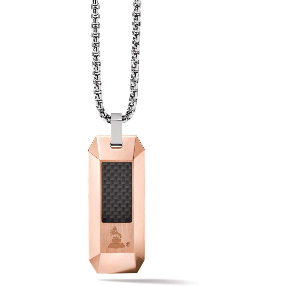 imageBulova Mens Latin Grammy Round Box Link Chain Necklace with Rose Gold Dog Tag Black Carbon Fiber Inlay Pendant Style J98N006
