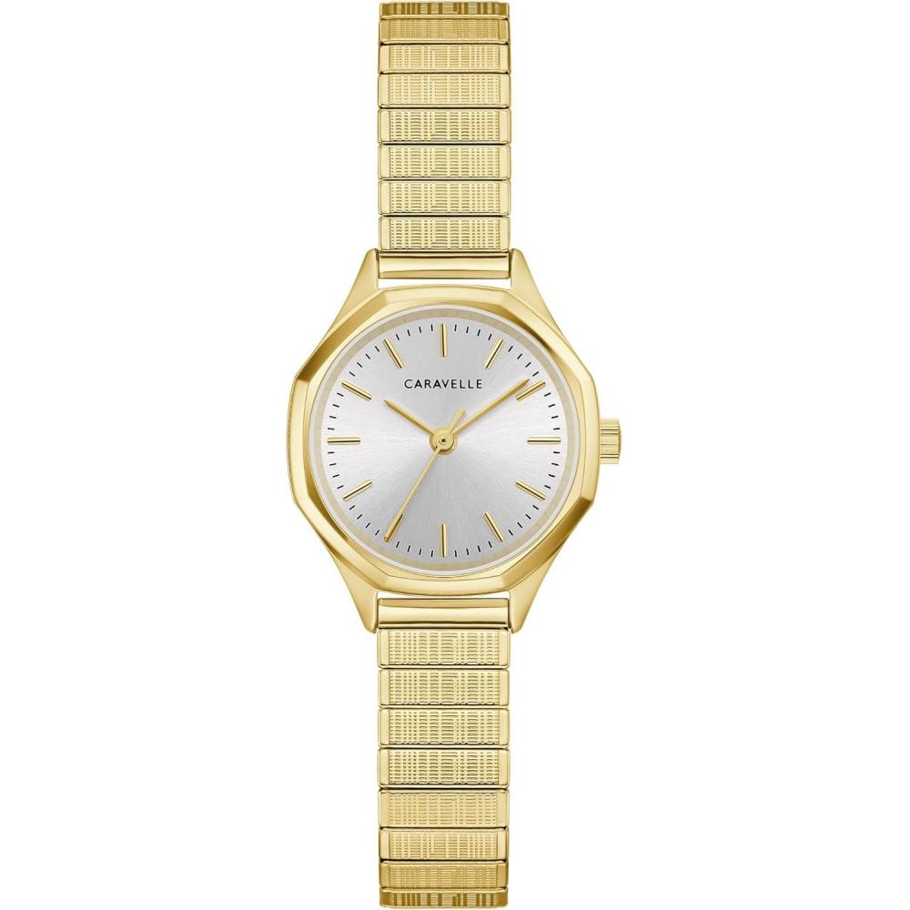 imageCaravelle Ladies Quartz Vintage Classic Stainless Steel Case amp Expansion Band with a SilverWhite DialGoldTone