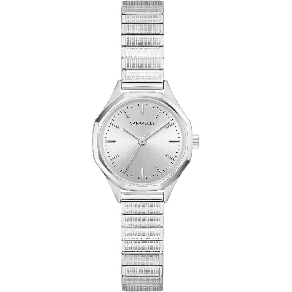imageCaravelle Ladies Quartz Vintage Classic Stainless Steel Case amp Expansion Band with a SilverWhite DialSilverTone