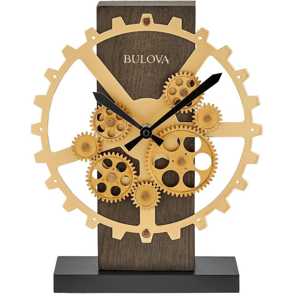 imageBulova Cog Accent Table Clock B8905 122 Walnut amp Bronze Gear Display with Rotating Cogs Quartz Movement with Dual Power Battery Operated IndustrialStyle Decor Masterpiece