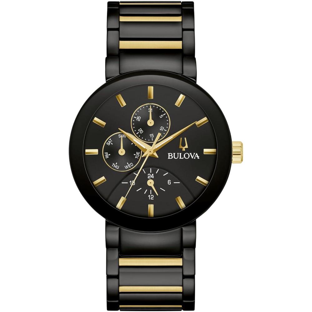 imageBulova Mens Quartz Modern Bulova IonPlated TwoTone Stainless SteelBlack  GoldTone Dial