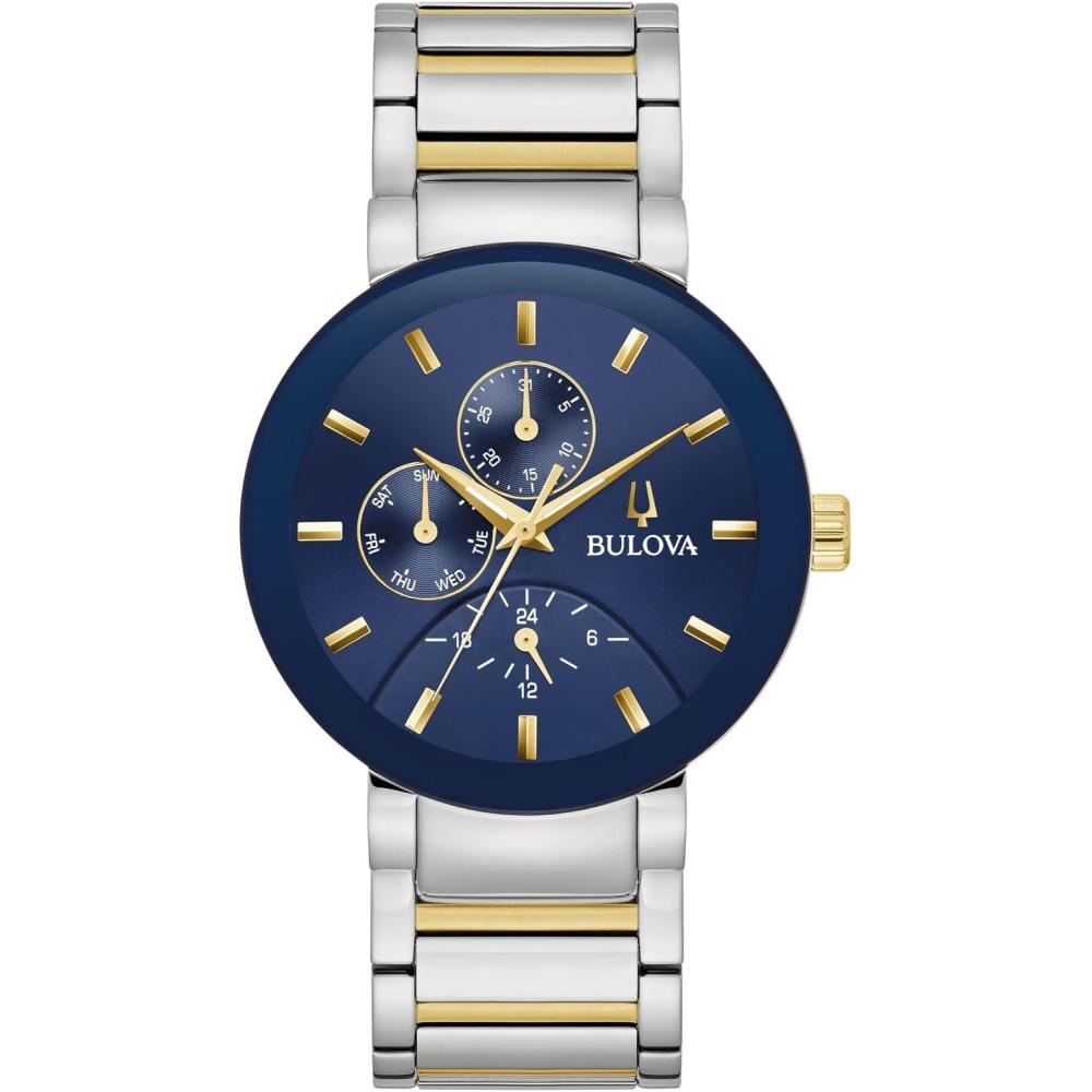 imageBulova Mens Quartz Modern Bulova IonPlated TwoTone Stainless SteelBlue GoldTone Dial