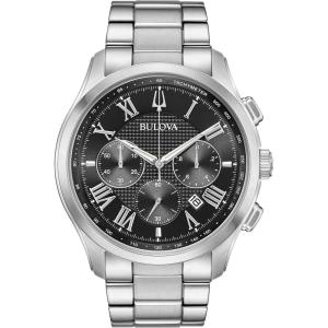 Bulova Men’s Classic Wilton 3-Hand Chronograph, Luminous Hands, Roman Numeral Markers Domed Mineral Crystal, 43mm, Stainless Steel/Black Dial