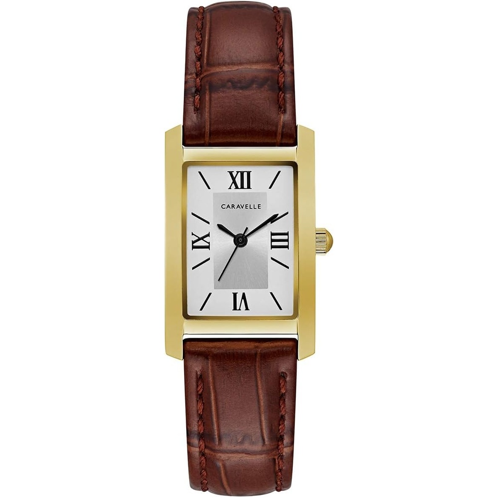 imageCaravelle by Bulova Ladies Dress 3Hand Quartz Watch Rectangle Case Roman Numeral Curved MineralBrown StrapGold Tone