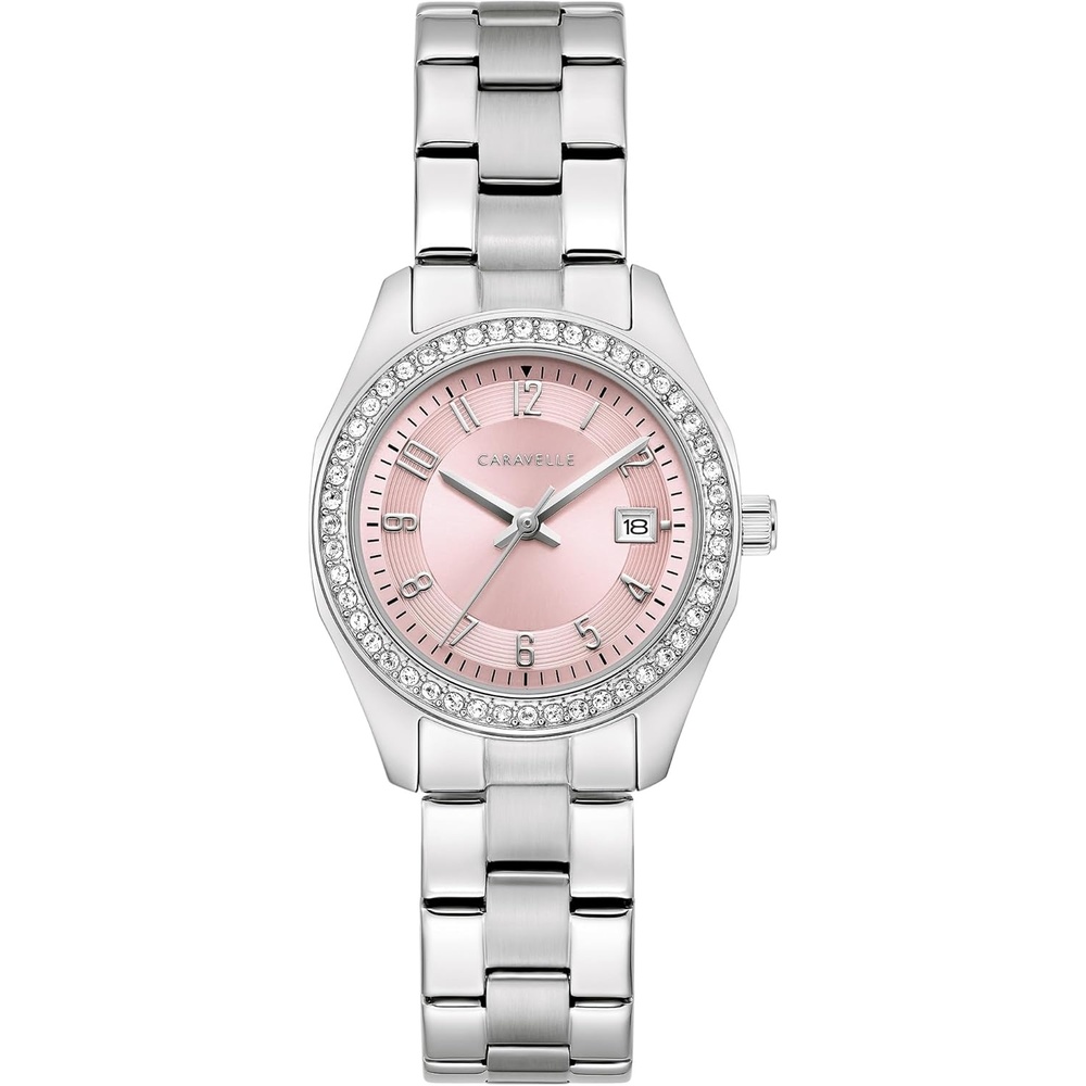 imageCaravelle by Bulova Ladies Petite Sport 3Hand Date Watch Crystal Accents Arabic Markers 28mmSilverPink