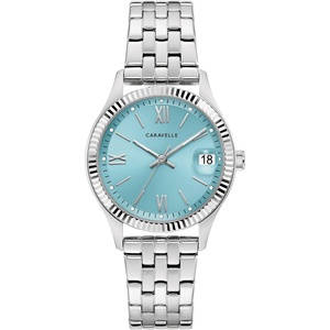 Caravelle by Bulova Ladies’ Classic Dress Coin-Edge 3-Hand Day-Date Quartz Watch(Silver/Turquoise)