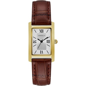 Caravelle by Bulova Ladies’ Dress 3-Hand Quartz Watch, Rectangle Case, Roman Numeral, Curved Mineral(Brown Strap/Gold Tone)