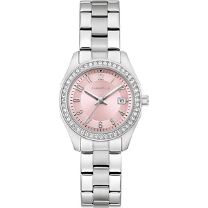 Caravelle by Bulova Ladies’ Petite Sport 3-Hand Date Watch, Crystal Accents, Arabic Markers, 28mm(Silver/Pink)