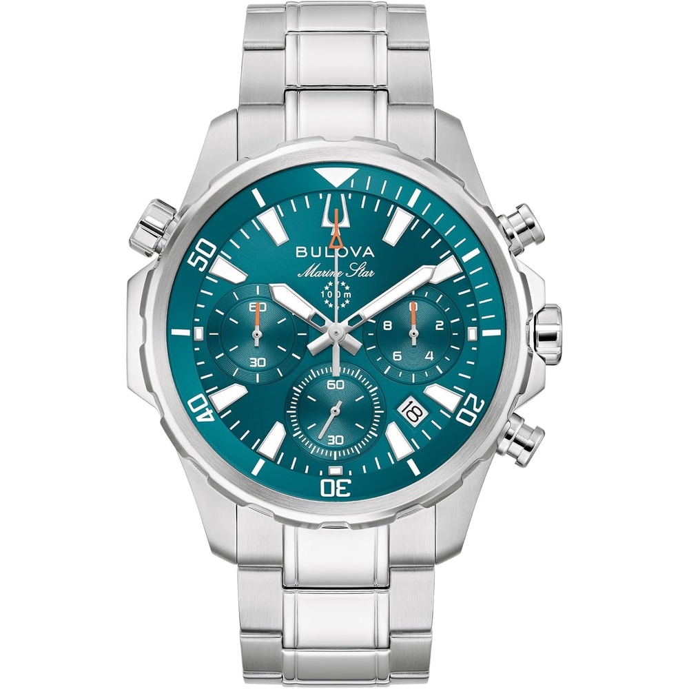 imageBulova Mens Quartz Chronograph Series B 44mm SilverTone Stainless Steel Case amp Teal Dial Style 96B487