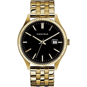 Caravelle by Bulova Men’s Dress 3-Hand Date Quartz Watch, Stainless Steel, Coin Edge Bezel, 41mm(Gold Tone/Black)