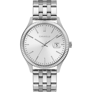 Caravelle by Bulova Men’s Dress 3-Hand Date Quartz Watch, Stainless Steel, Coin Edge Bezel, 41mm(Silver)