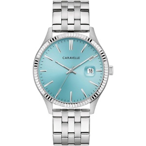 Caravelle by Bulova Men’s Dress 3-Hand Date Quartz Watch, Stainless Steel, Coin Edge Bezel, 41mm(Silver/Turquoise)