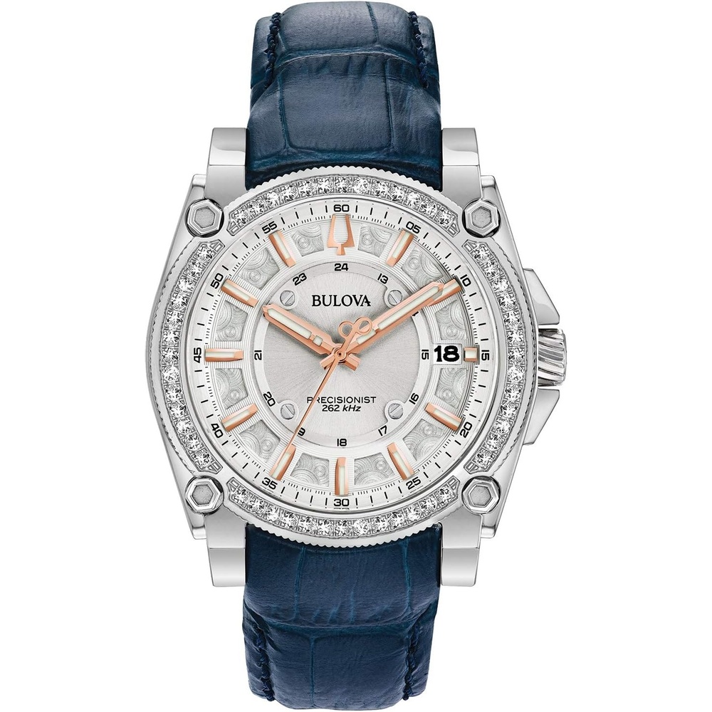 imageBulova Mens Icon High Precisionist Quartz Chronograph Diamond Watch 100m Water Resistant Continous Sweeping SecondhandStainlessBlue Leather Strap