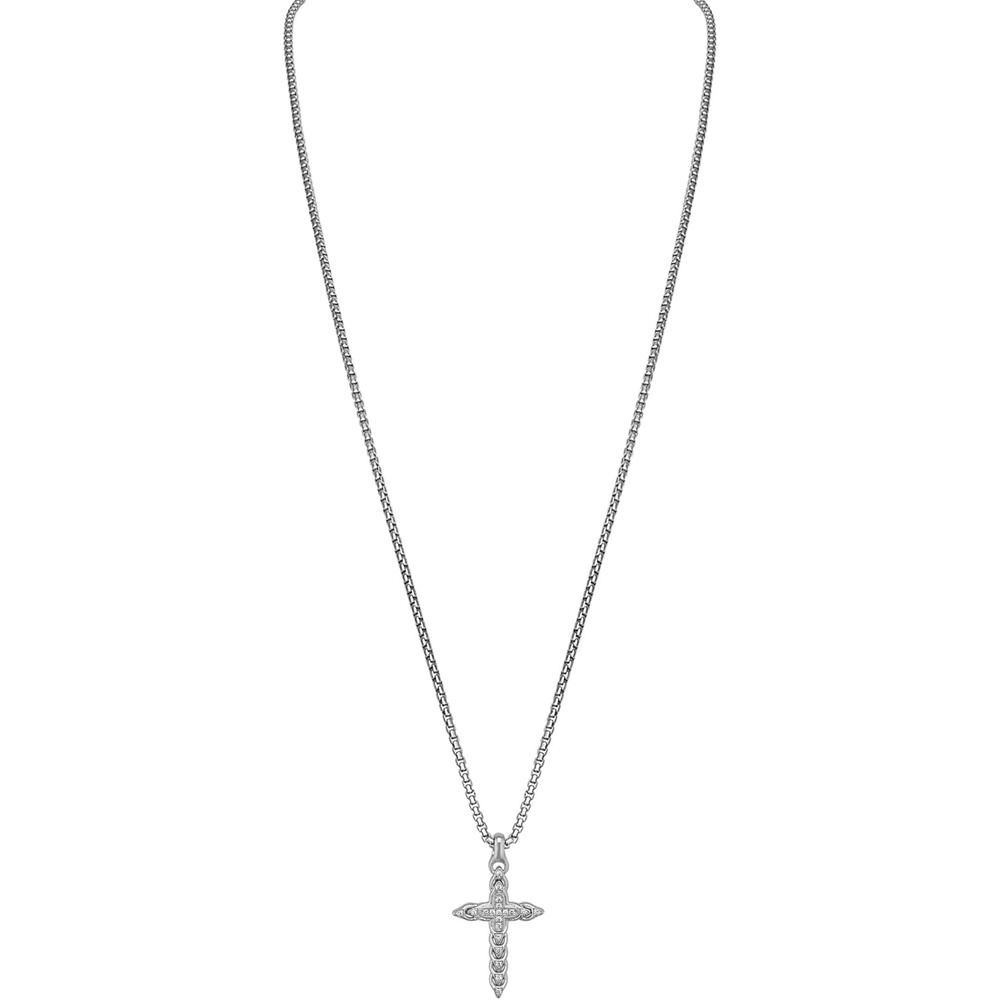 imageMens Sterling Silver Rounded Box Link Necklace amp RhodiumPlated Sterling Silver Cross Pendant with 20 White Diamonds 24 to 26 Adjustable Length Style BVP1085WSQ7