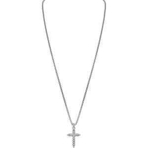 Men’s Sterling Silver Rounded Box Link Necklace & Rhodium-Plated Sterling Silver Cross Pendant with 20 White Diamonds, 24″ to 26″ Adjustable Length (Style: BVP1085-WSQ7)