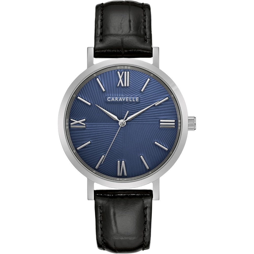 image:imageCaravelle by Bulova Mens Dress 3 Hand Quartz Leather Strap Watch Stainless Steel Case 40mmBlackBlue Dial