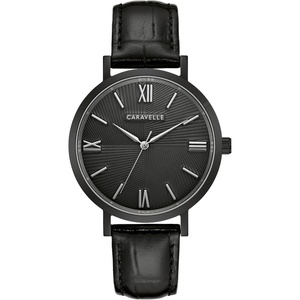 Caravelle by Bulova Men’s Dress 3 Hand Quartz Leather Strap Watch, Stainless Steel Case, 40mm(Black)