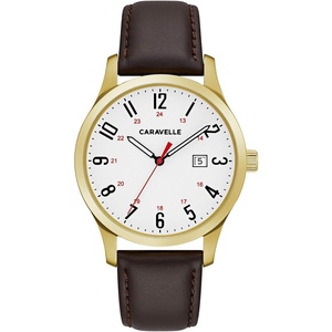 Caravelle by Bulova Traditional Quartz Mens Watch, Stainless Steel with Brown Leather Strap, Gold-Tone (Model: 44B116)