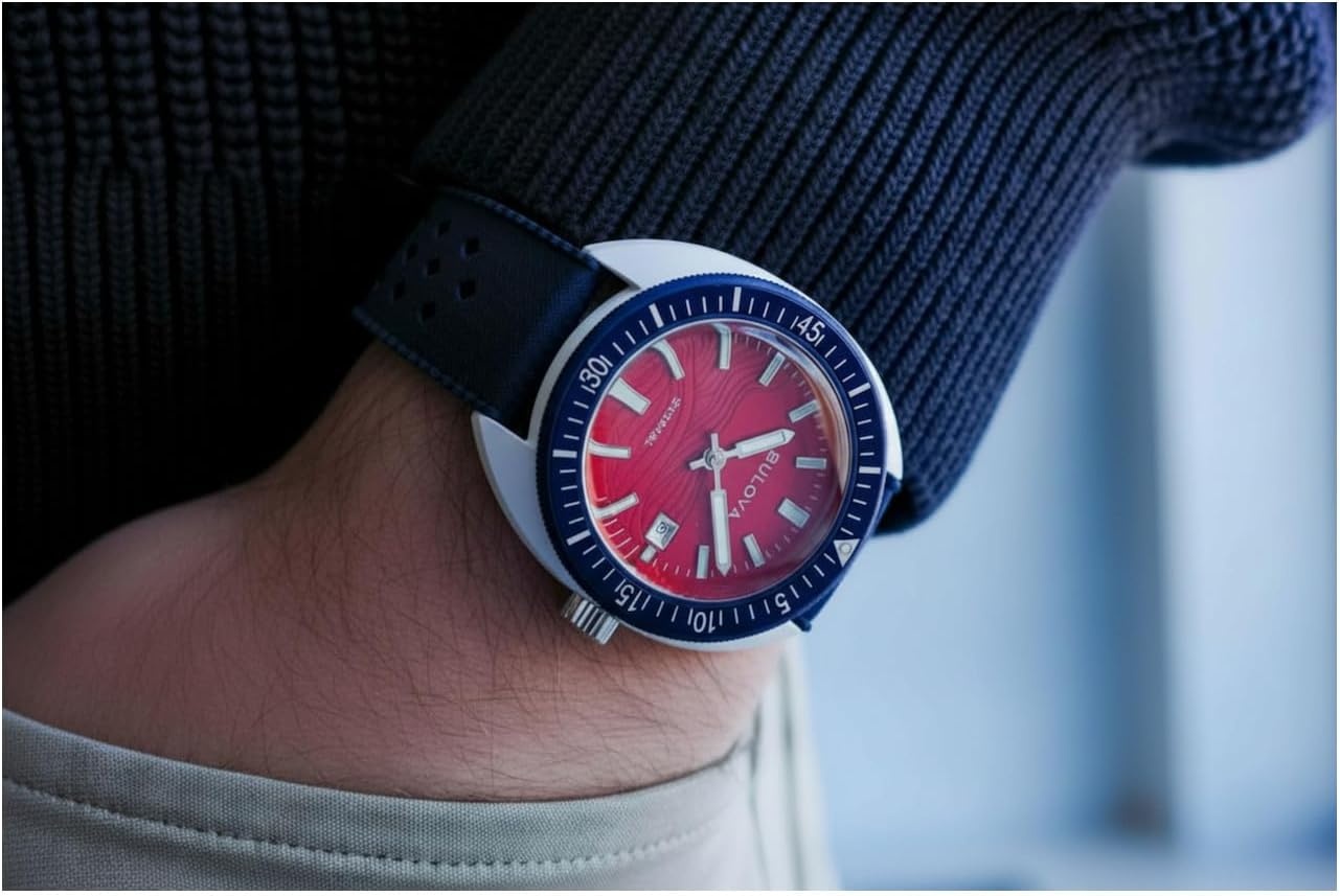 image:imageBulova Mens Quartz Snorkel America 250th Sail 4th Special Edition 41mm White HybridCeramic Case with a Blue Rubber Strap amp Red Dial Style 98B474