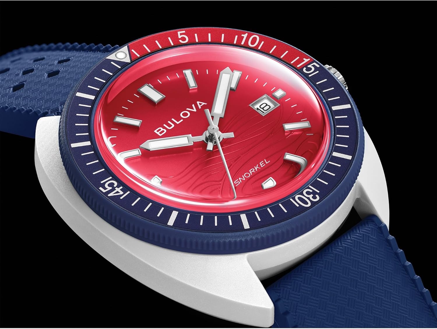 image:imageBulova Mens Quartz Snorkel America 250th Sail 4th Special Edition 41mm White HybridCeramic Case with a Blue Rubber Strap amp Red Dial Style 98B474