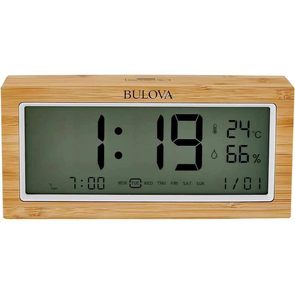 image:imageBulova Brookside LCD Alarm Clock B1375  Natural Bamboo Case with Temperature amp Humidity Display  Quartz Movement  Battery Operated  Touch Light amp Weekender Alarm