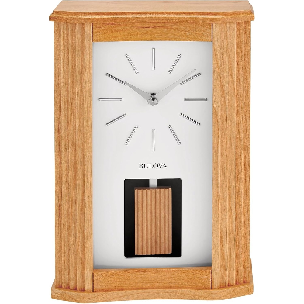 image:imageBulova Chicago Modern Chime Table Clock Model B1525 MidCentury Design Melodic Chimes Natural Wood Grain Adjustable Volume Automatic Night ShutOff