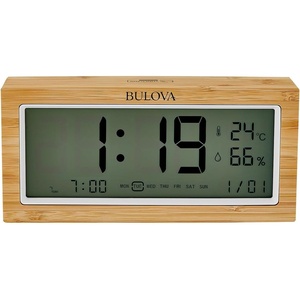 Bulova Brookside LCD Alarm Clock B1375 | Natural Bamboo Case with Temperature & Humidity Display | Quartz Movement | Battery Operated | Touch Light & Weekender Alarm