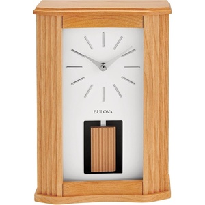 Bulova Chicago Modern Chime Table Clock, Model B1525 | Mid-Century Design | Melodic Chimes | Natural Wood Grain | Adjustable Volume | Automatic Night Shut-Off